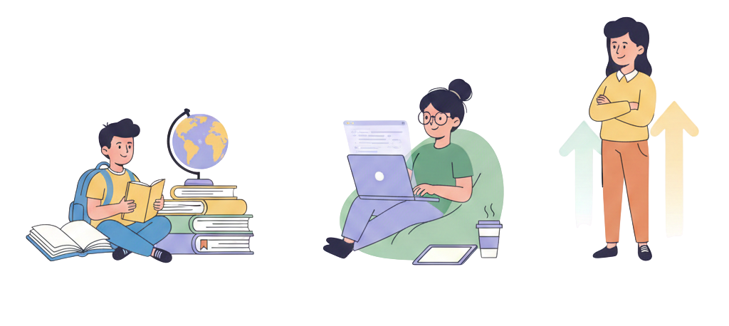 Flat vector illustration of a school student reading books, a college student working on a laptop, and a confident parent observing on a clean white background.