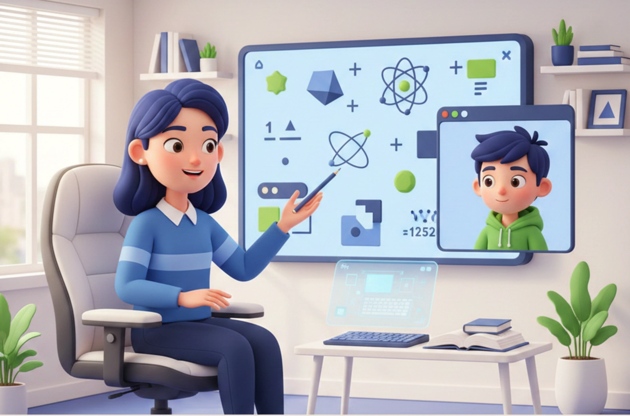 A high-quality 3D cartoon-style illustration of a female tutor pointing at a digital whiteboard during a video call with a young student. The scene features a clean, modern workspace with a blue and green color palette and soft lighting.