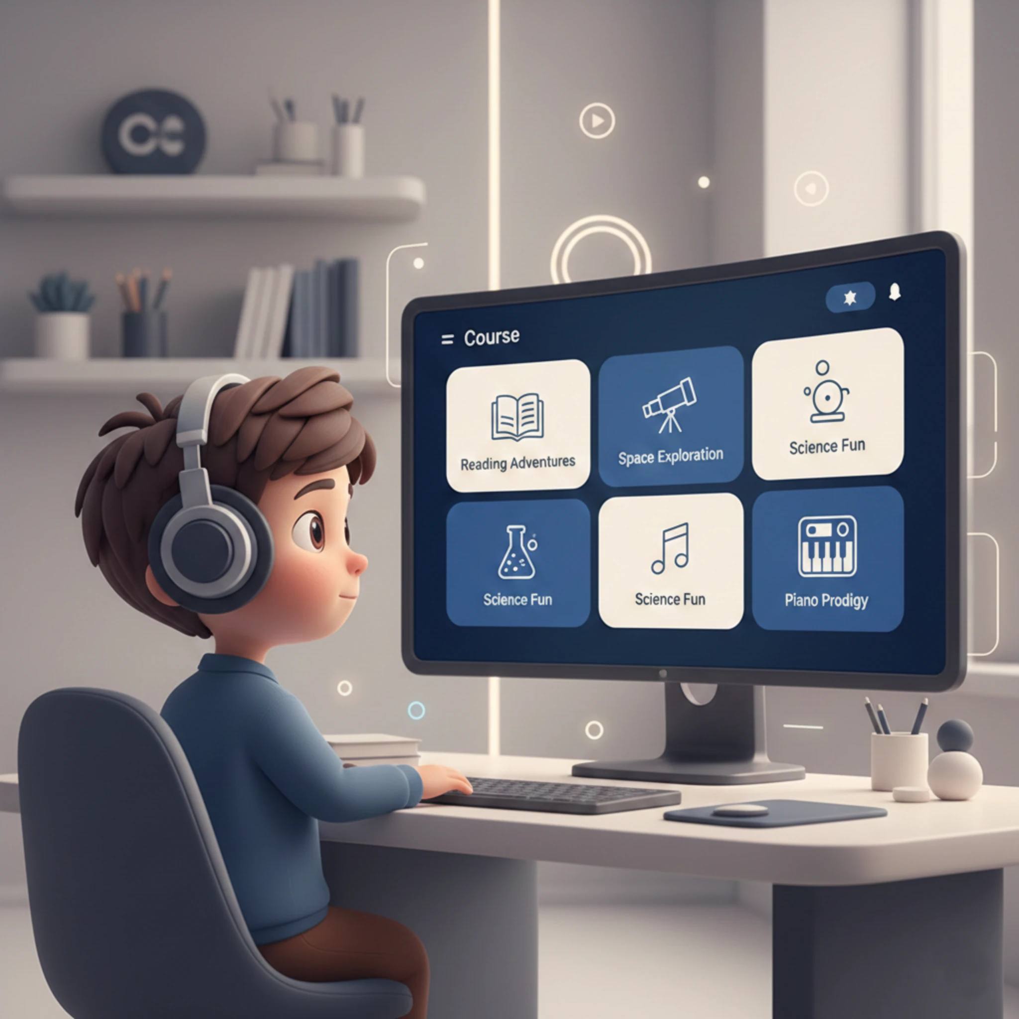 Child exploring an e-learning course dashboard with multiple learning categories