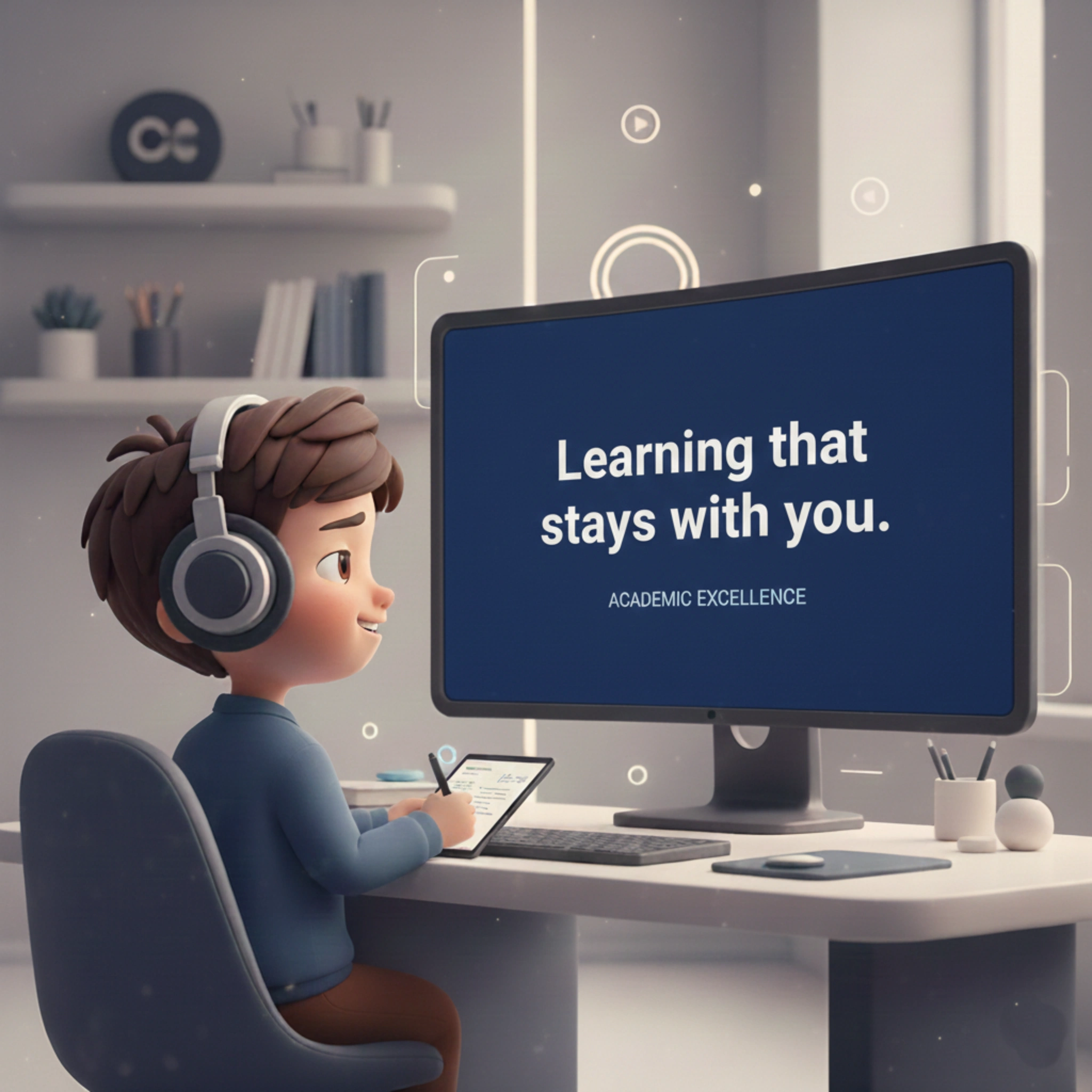 Student wearing headphones studying at a desk with a screen displaying learning that stays with you