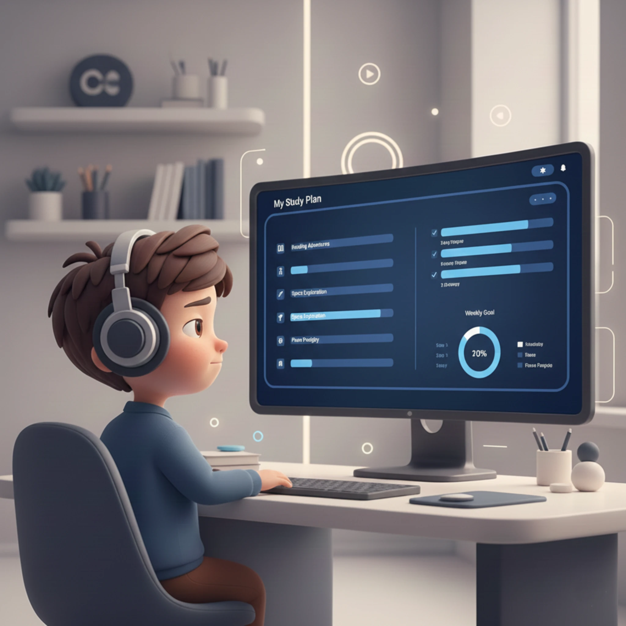 Child using online study plan dashboard on computer for structured learning