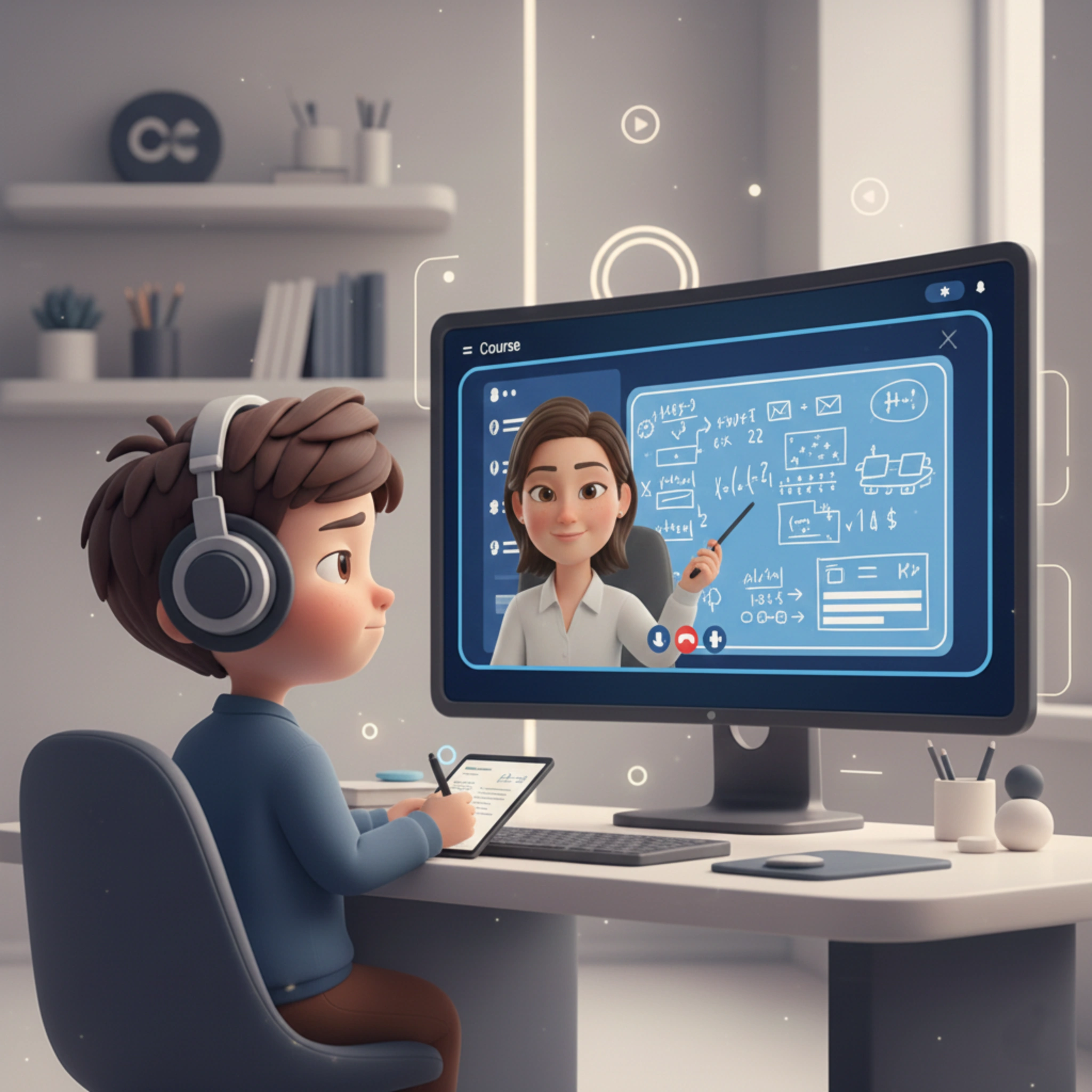 Virtual tutor explaining concepts on a digital whiteboard during an online lesson