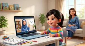 Child learning Urdu online with a friendly tutor at home