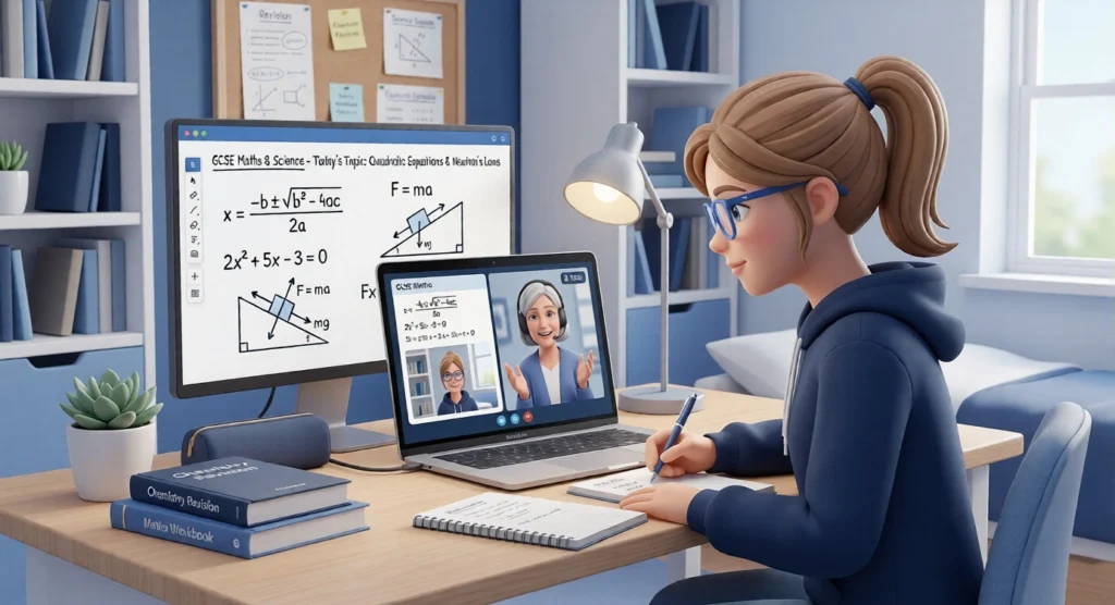 GCSE student studying at home with online classes, books and laptop while preparing for exams