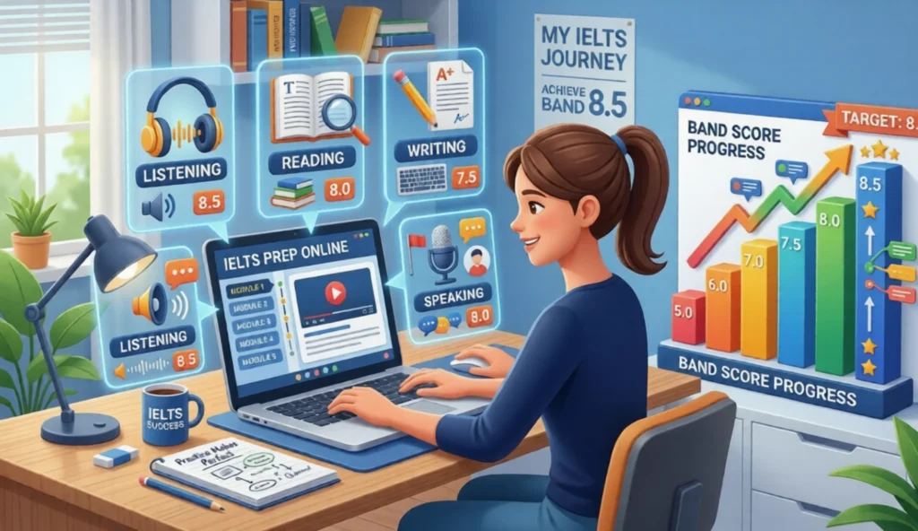 Student studying for IELTS using an online course on a laptop with headphones and study materials.