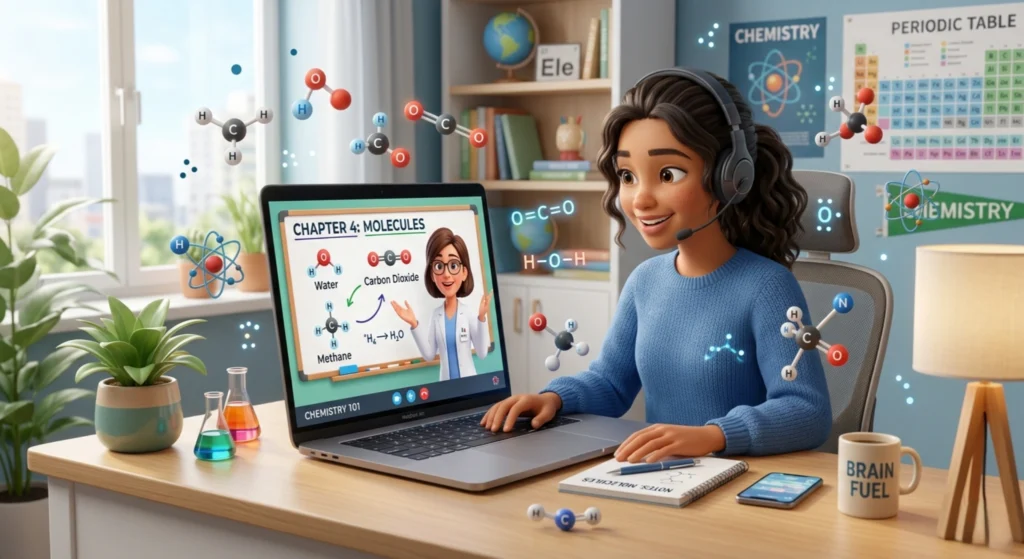 student attending chemistry classes online with interactive learning tools
