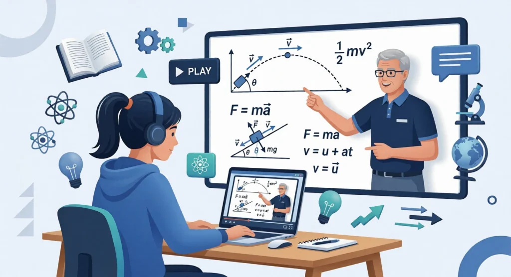 Student attending an online physics class with a teacher explaining physics formulas and diagrams