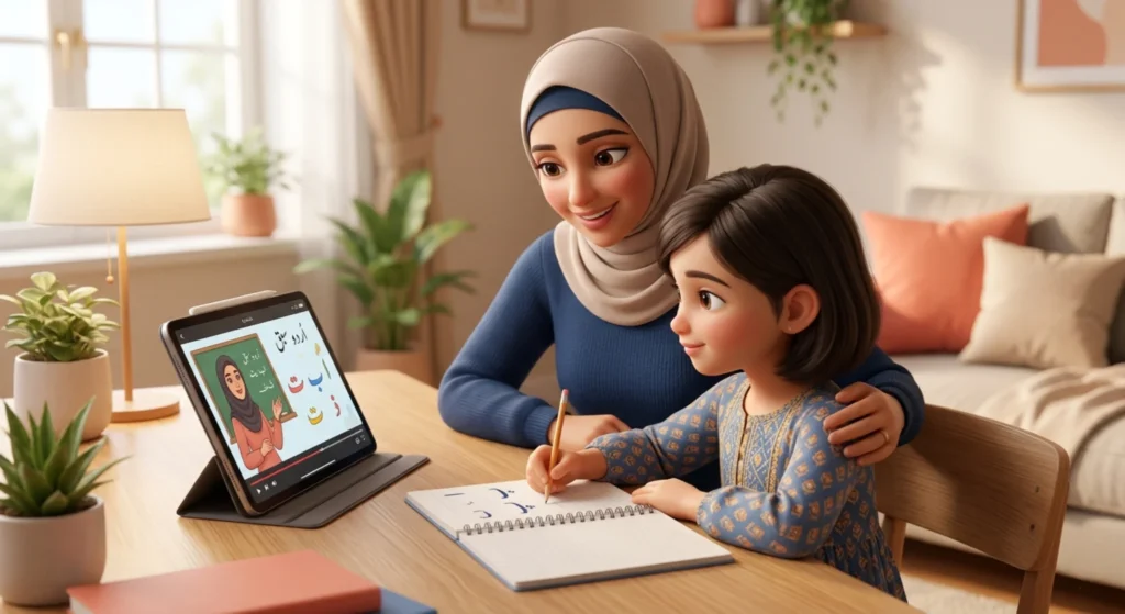 Parent supervising child during online Urdu lesson at home
