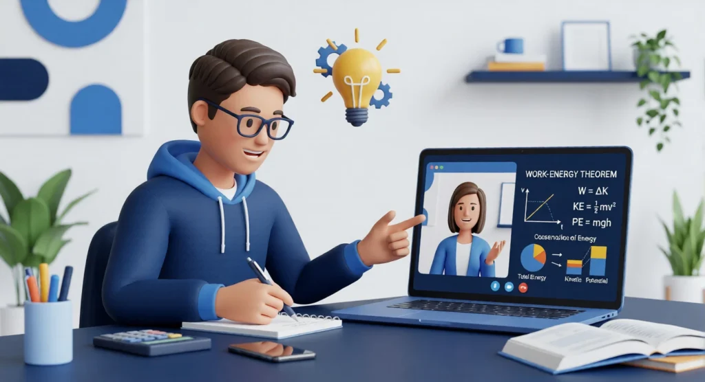 Student studying physics online with a tutor explaining mechanics and physics formulas on a virtual board