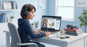 Student practicing speaking with an IELTS tutor online during a video call session.