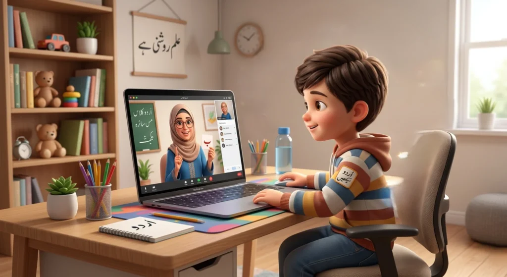 Child progressing through Urdu learning, climbing steps made of Urdu letters in 3D illustration