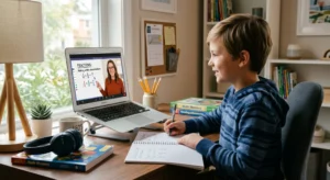Child attending online tutoring session with tutor explaining lesson on digital whiteboard