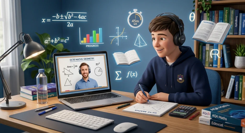 3D illustration of a student learning GCSE Maths online with virtual tutor 