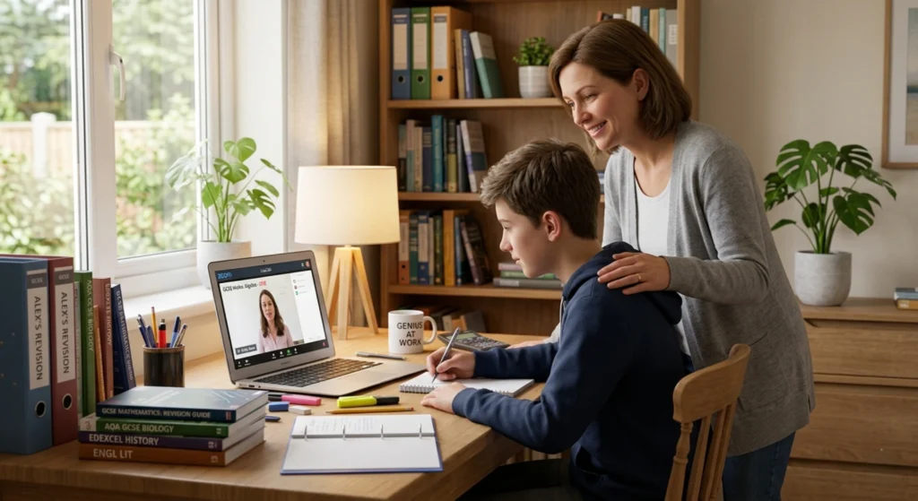 3D student reviewing GCSE progress online with interactive charts and notes