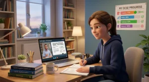 Student studying online for GCSE with parent support at home