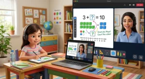 3D illustration of a child learning math online with a professional tutor using a digital whiteboard.