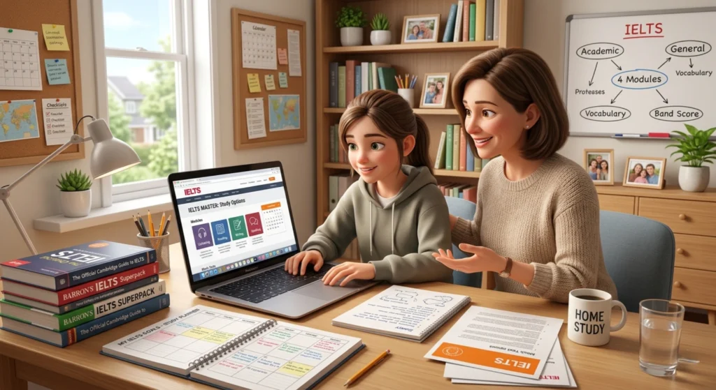 Students attending IELTS classes online on laptop