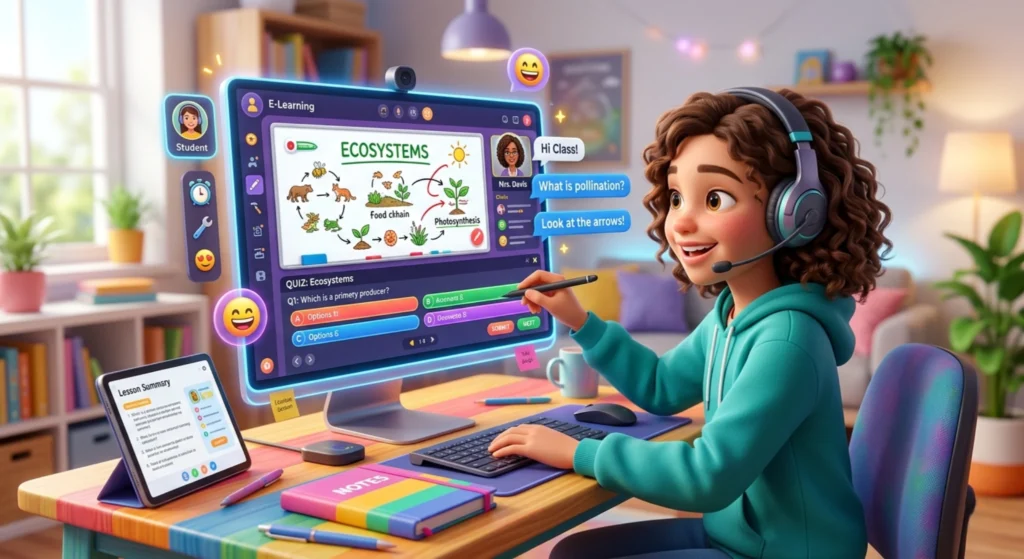 How online classes work: interactive e-learning dashboard with quizzes, lessons, and real-time student engagement