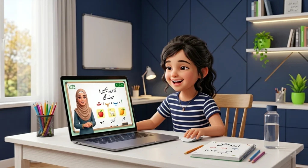 Student learning urdu tutor online with engaging digital lessons and interactive teacher guidance