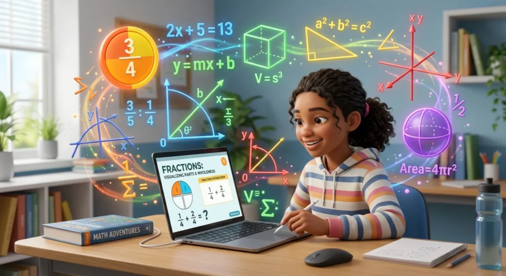 3D representation of math concepts like fractions, algebra, and geometry floating around a student on a laptop.
