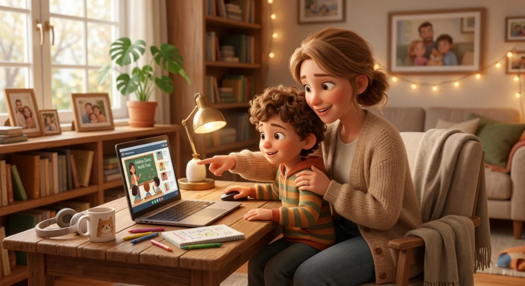 How online classes work: parent guiding child during interactive online learning session at home