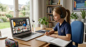 How online classes work: student attending live virtual class with headset and writing notes at home