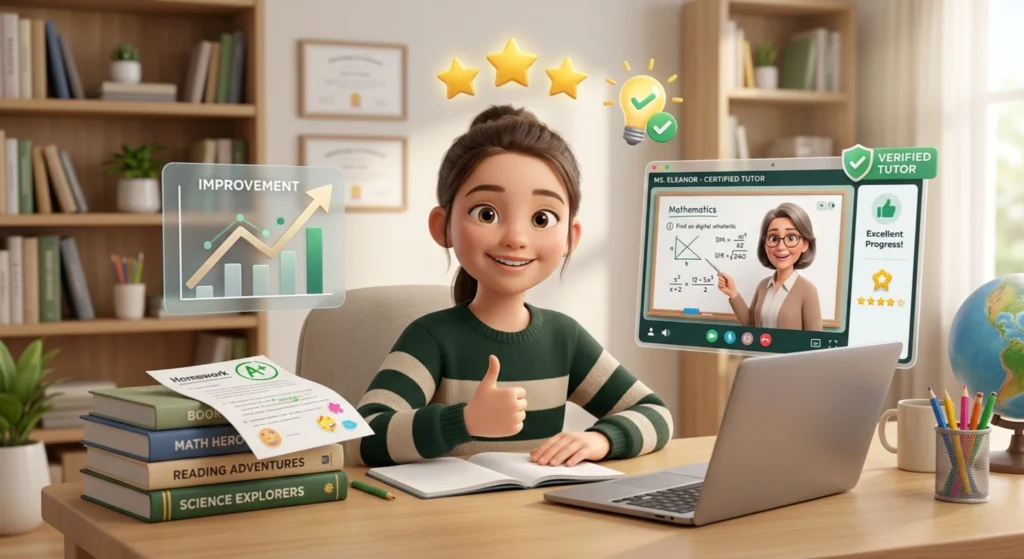 Parent supervising a child during an online tutoring session with icons showing safety, trust, and secure learning environment.