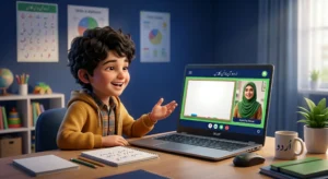 Happy child learning with urdu tutor online through interactive laptop class