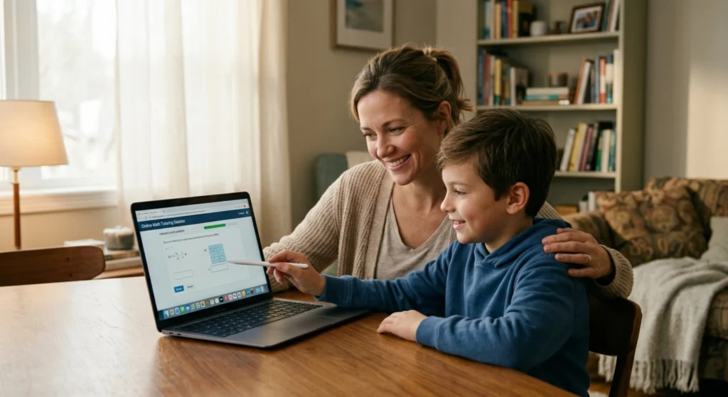 Parent and child reviewing online tutoring session together on laptop showing learning progress and confidence
