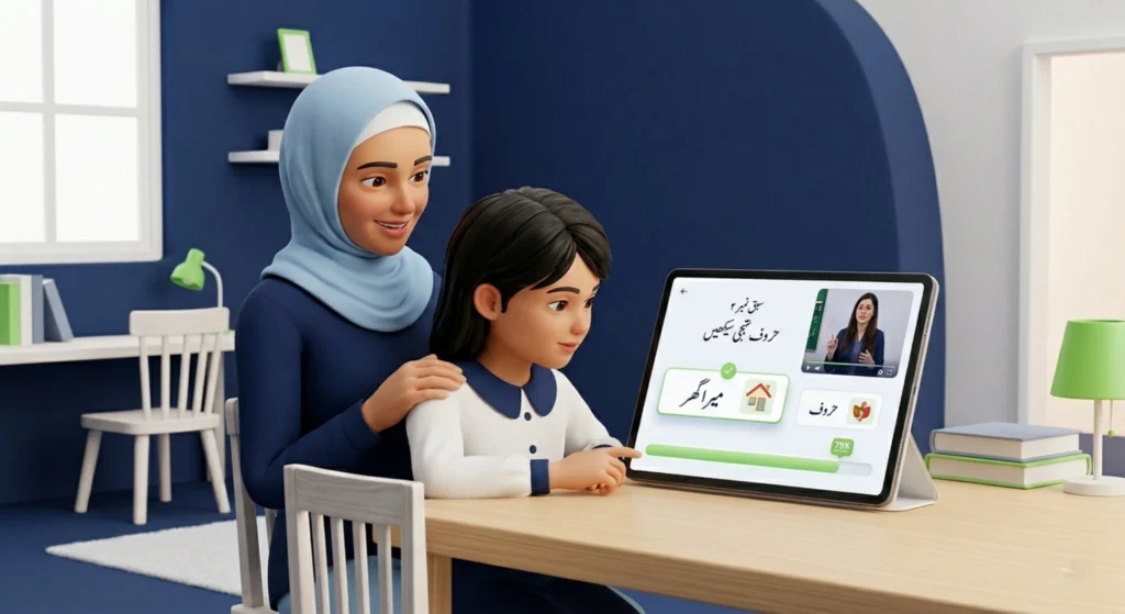 Parent supporting child during urdu tutor online class with structured learning on tablet