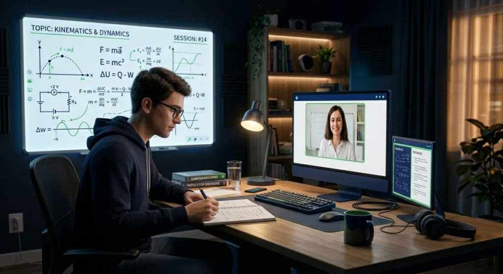 online physics tutor explaining concepts during physics tutor online session