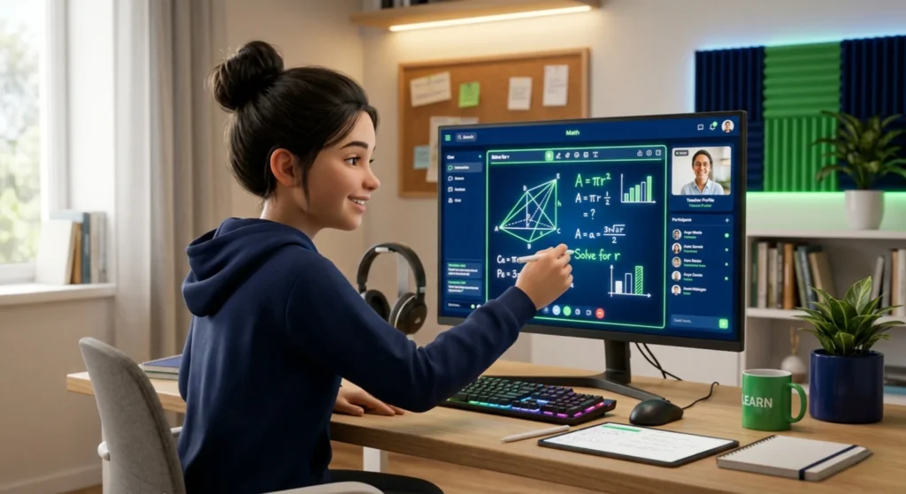 student engaged in interactive physics tutor online learning environment