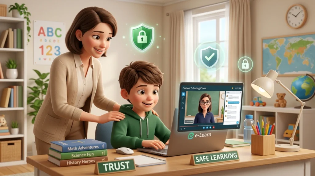 Parent reviewing an online tutoring safety checklist while child learns on a laptop, showing secure and monitored learning.