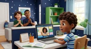 Young child participating in an online classroom lesson on a laptop while parents watch proudly from the background in a colorful home study space.