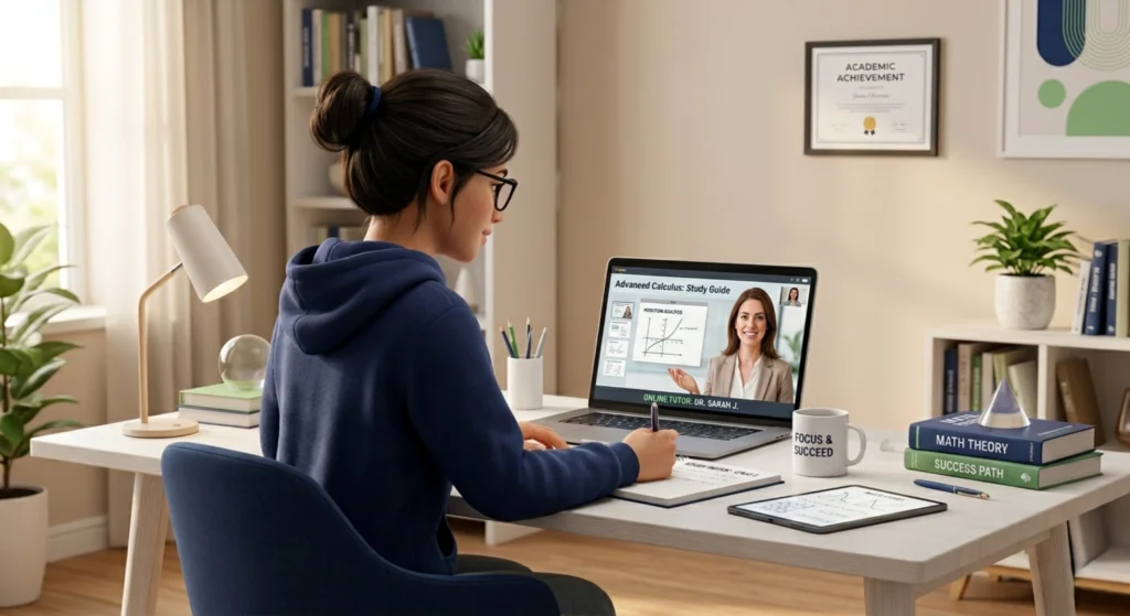 student using laptop for online exam guidance and virtual learning at home setup