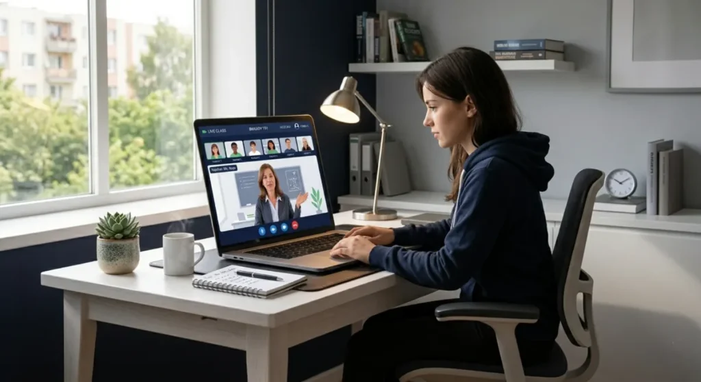 student attending virtual class on laptop with structured flexible schedule at home desk
