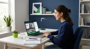 student attending online class on laptop with flexible scheduling in education at home