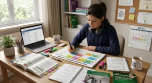 Student organizing GCSE exam preparation with revision timetable, planner, and study notes on a desk