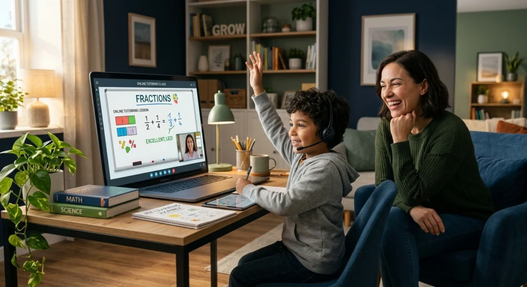 Young student attending an online math tutoring class at home while raising his hand, with a parent smiling beside him.