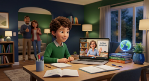Online Academy student attending a live virtual class at home while parents watch proudly in the background.
