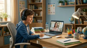 Young boy attending an online learning class from home using a laptop and tablet while wearing headphones in a modern study room