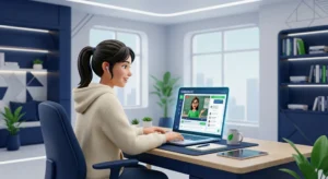 Student attending an online learning class on a laptop at a modern desk setup