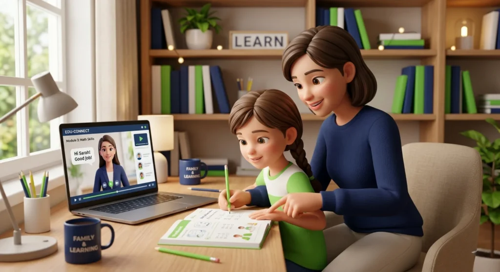 parent supporting child during personalized tutoring for academic performance through online learning