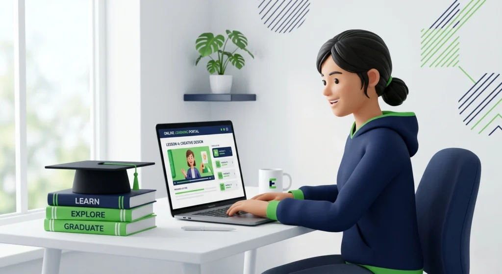 Student using an online learning portal on a laptop beside books and graduation-themed study materials in a modern workspace.