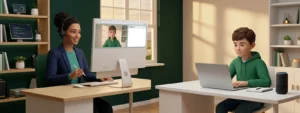 Teacher conducting a one-on-one online tutoring session with a teenage student using desktop and laptop computers in modern home offices.