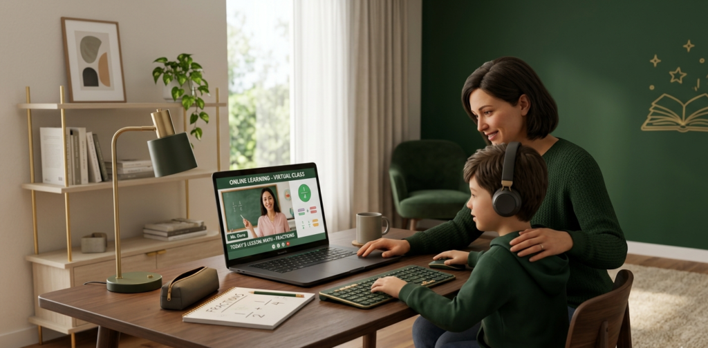 Mother helping her son during an Online Academy virtual lesson on fractions and mathematics at home.