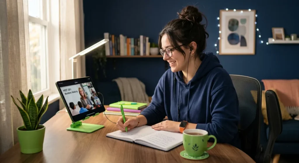 student studying during online class with notes and flexible learning setup at home