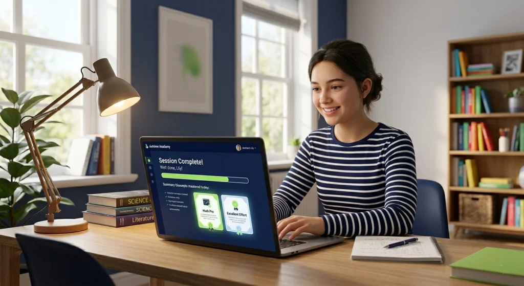 Teenage girl completing an online study session on a laptop in a home learning environment with educational materials on the desk.
