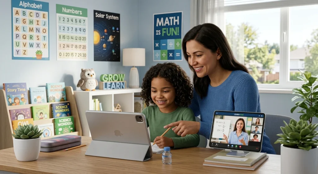 Mother helping her daughter during an online virtual classroom session on a tablet in a bright homeschool study area.