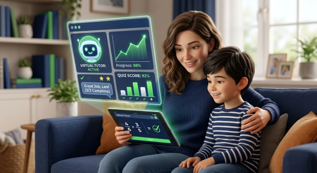 online exam guidance virtual tutor helping child with e-learning progress at home